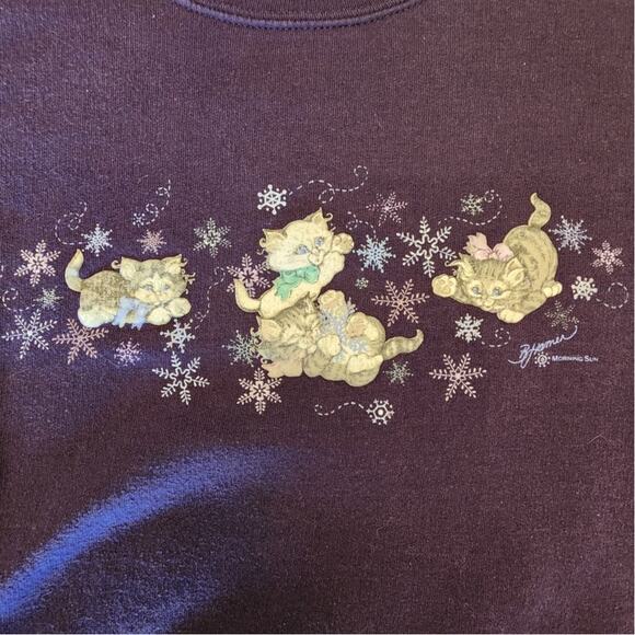 VTG Morning Sun Purple Kittens Winter Snowflake Sweatshirt Grandmacore - Picture 2 of 7